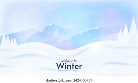 Paisaje de la temporada de invierno. Colinas con nieve y árboles. Montañas y cielo azul. Diseño de invitación. Ilustración de diseño plano.