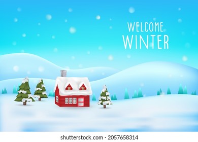 Winter season landscape with house and christmas tree and vector illustration background