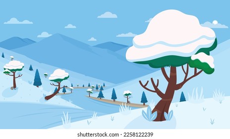 Winter season landscape with lake and trees mountains vector Illustration