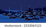 Winter season landscape night panorama with village under the snow in the first plan and forest in the background. Handmade drawing vector illustration. Can be used for christmas gifts, decorations. 