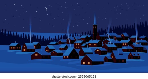 Panorama noturno da paisagem da estação de inverno com aldeia sob a neve no primeiro plano e floresta no fundo. Ilustração de vetor de desenho artesanal. Pode ser usado para presentes de Natal, decorações. 