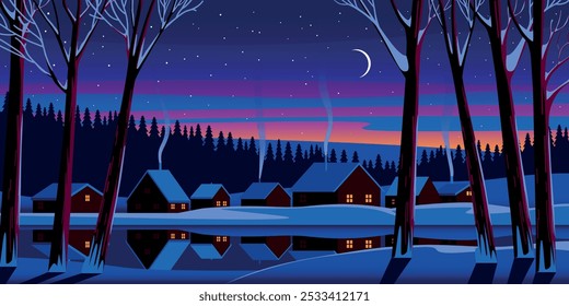 Winter season landscape night panorama with village under the snow in the first plan and forest in the background. Handmade drawing vector illustration. Can be used for christmas gifts, decorations.