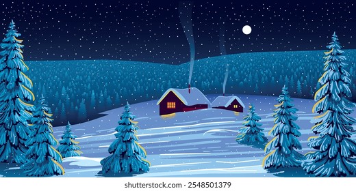 Wintersaison Landschaft Nacht Panorama mit Dorf unter dem Schnee im ersten Plan und Wald im Hintergrund. Handgemachte Zeichnung, Vektorgrafik. Kann für Weihnachtsgeschenke, Dekorationen verwendet werden.