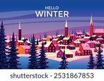 Winter season landscape with pine trees in the first plan and village with churches under the snow in the background. Handmade drawing vector illustration.