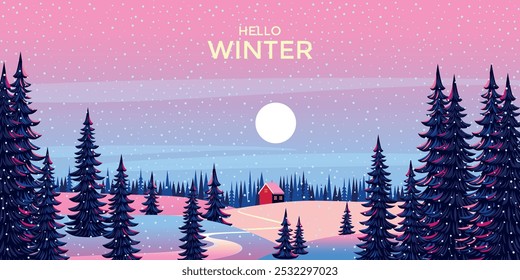 Winter season landscape with pine trees in the first plan and house on the edge of the forest under the snow in the background. Trendy handmade drawing vector illustration.