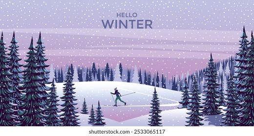 Winter season landscape with pine trees in the first plan and skier on the edge of the forest under the snow in the background. Trendy handmade drawing vector illustration.