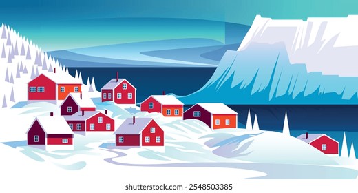 Winter season landscape with Scandinavian red cottages in the first plan and icebergs, Arctic Ocean and polar lights in the background. Trendy handmade drawing vector illustration.