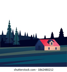 winter season landscape scene with pines forest and house vector illustration design