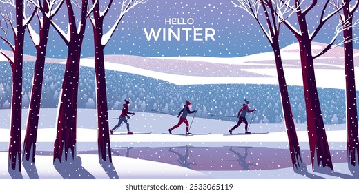 Winter season landscape with snow covered trees in the first plan and skiers on the edge of the forest under the snow in the background. Trendy handmade drawing vector illustration.