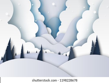 Winter season landscape with snow,clouds,pine forest and mountains for merry christmas and happy new year background paper art style.Vector illustration.