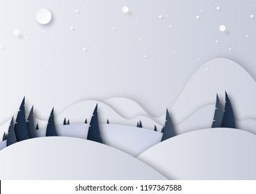 Winter season landscape with snow,pine forest and mountains for merry christmas and happy new year background paper art style.Vector illustration.