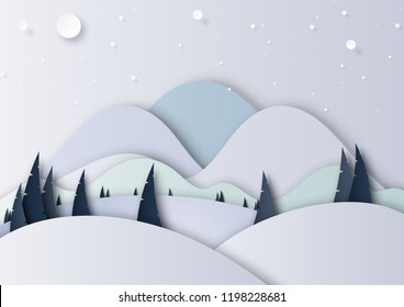 Winter season landscape with snow,pine forest and mountains for merry christmas and happy new year background paper art style.Vector illustration.