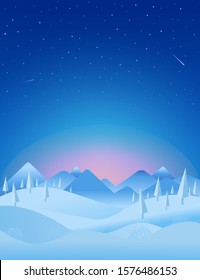 Winter Season Landscape vertical scene with christmas pines, snow-capped mountains hills peaks on the background and starry dark blue sky with shooting stars or comets. Minimal winter landscape vector