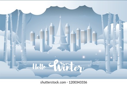 Winter season with landscape view backdrop, paper art and craft style