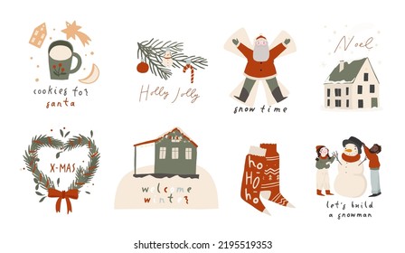 Winter season lettering with cute and cozy design elements, decorative bundle. Hand drawn lettering quotes flat cartoon vector set, stickers pack. Merry Christmas symbols collection, isolated on white