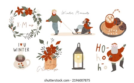 Winter season lettering with cute and cozy design elements, decorative bundle. Hand drawn lettering quotes flat cartoon vector set, stickers pack. Merry Christmas symbols collection, isolated on white