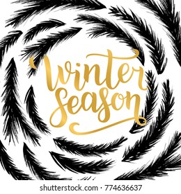 Winter season lettering design. Vector illustration, gold letters with christmas tree branches frame background. Happy New Year and Merry Christmas Seasonal Sale. Holiday winter off-price