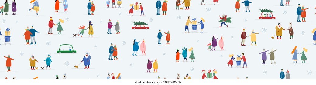 Winter season lifestyle. People walking. City style. Set for your design