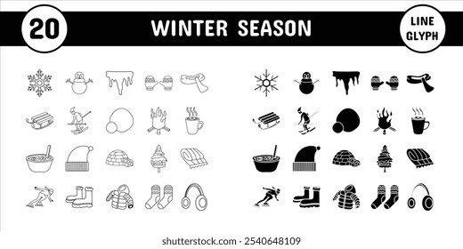 Winter Season Line Glyph Vector Illustration Icon Sticker Set Design Materials