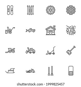 Winter season line icons set, outline vector symbol collection, linear style pictogram pack. Signs, logo illustration. Set includes icons as snow removal truck, snowflake, ski, snowy road, sledge