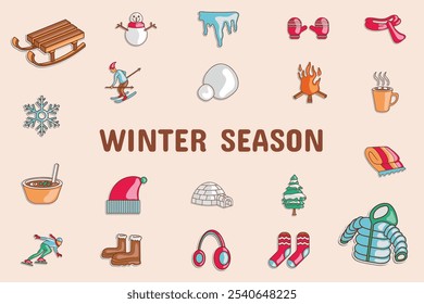 Winter Season Lineal Color Vector Illustration Icon Sticker Set Design Materials