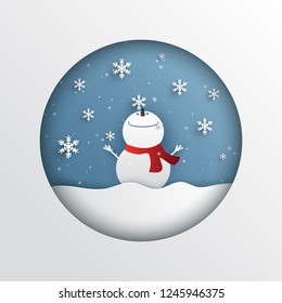 Winter season and Merry Christmas with snow man , Paper art concept