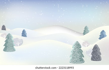Winter season mesh landscape with spruce trees, bushes, snowdrifts. Snowy background, winter banner