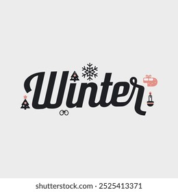 Winter season with minimal Objects about Winter around it, Winter December, snowman, flakes, tree, snow design for cold season poster written text