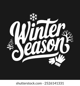 Temporada de invierno con Objetos mínimos sobre Invierno alrededor de él, Invierno Diciembre, muñeco de nieve, copos, árbol, diseño de nieve para el cartel de la estación fría texto escrito