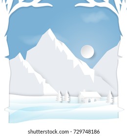 Winter season with  mountain cabin scenes background paper art style