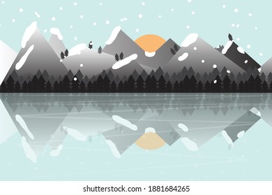 Winter season, mountains with ice and water reflection on day time beautiful landscape vector illustration background.