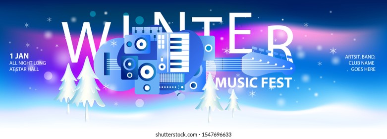 Winter Season Music Event Banner Background Design Template For Festival, Tour, Party And Concert. Snowfall Wallpaper Layout For Advertisement, Promotion And Publication For Print. Vector Illustration