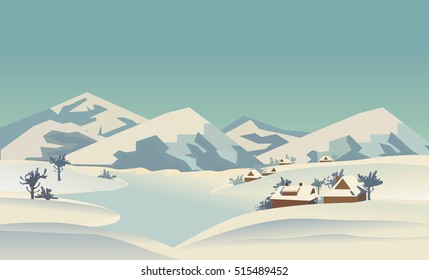 Winter season nature landscape. Mountain river in snowy glacier valley. Houses on bank under snow. Lake view among hills trees. Countryside rural scene background. Cartoon outdoors vector Illustration
