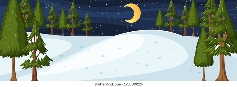 Winter season with nature park at night time horizontal scene illustration