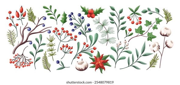 Winter season New year plants, tree branch and twigs with flower and berries decoration set