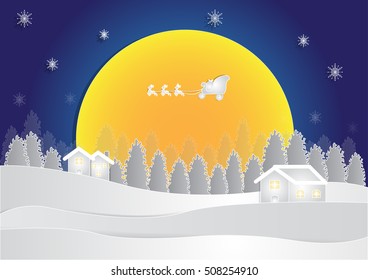 winter season at night background with house and snow in forest on moon background, christmas background, vector, copy space for text, illustration, paper cut and origami style