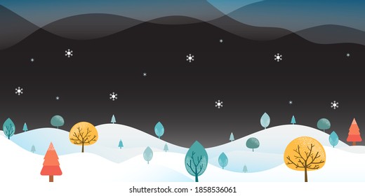 Winter season night landscape vector background.