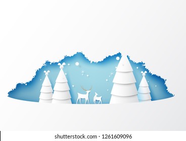 Winter season with origami christmas trees and deers wildlife background paper art style for merry christmas and happy new year.Vector illustration.
