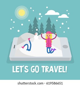Winter season. Winter outdoor activities. Young female character enjoying snow on the mobile screen / flat editable cartoon illustration 