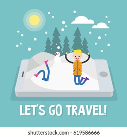 Winter season. Winter outdoor activities. Young male character enjoying snow on the mobile screen / flat editable cartoon illustration