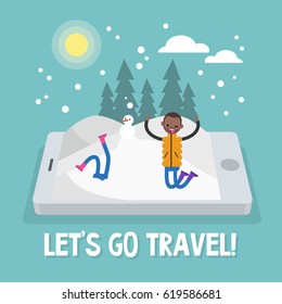 Winter season. Winter outdoor activities. Young black character enjoying snow on the mobile screen / flat editable cartoon illustration