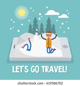 Winter season. Winter outdoor activities. Young male character enjoying snow on the mobile screen / flat editable cartoon illustration