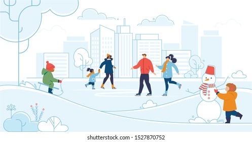 Winter Season Outdoor Activity, Family Fun and Recreation Flat Vector Concept. Happy Parents Characters Walking with Kids in Snowy City Park, Ice-Skating, Kids Sledding, Making Snowman Illustration