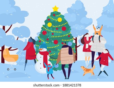 Winter season outdoor walk at snow, flat people character vector illustration. Cartoon christmas holiday, man woman character around tree. Family make snowman in cold city landscape design.