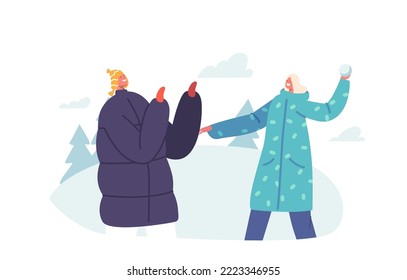 Winter Season Outdoors Activities. Happy Couple or Friends Young Woman and Man Characters Playing Snowballs on Street. People Fun for Christmas and New Year Holidays. Cartoon Vector Illustration