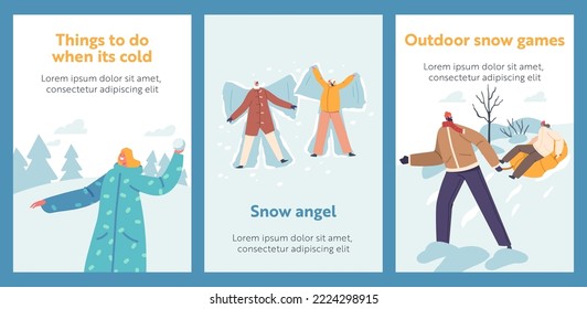 Winter Season Outdoors Leisure and Christmas Holiday Activities Cartoon Banners. Happy Young Couples Characters Playing Snowballs, Sliding and Skating on Street. People Fun Vector Illustration Posters