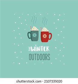 Temporada de invierno al aire libre diversión mínima de color plano icono vector. Los tazas de cacao adorables elementos de diseño de dibujos animados. taza de chocolate caliente para calentarse en señal de invierno frío. Fondo de ilustración de la barra de bebidas calientes