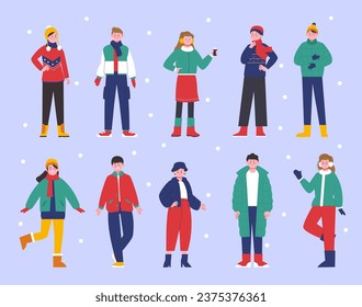 Winter season outfits wear happy teenagers. Warm jackets and hats, scarves and mittens. Casual style young people. Seasonal splendid vector set