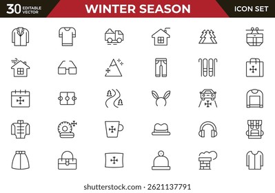 Winter season outline icon set. Containing Spring, Hail, Humidity, Fall, Fog, Winter, Snow, Wind, Rainy, and Seasons icons.