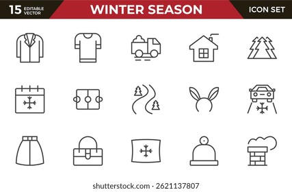 Winter season outline icon set. Containing Spring, Hail, Humidity, Fall, Fog, Winter, Snow, Wind, Rainy, and Seasons icons.